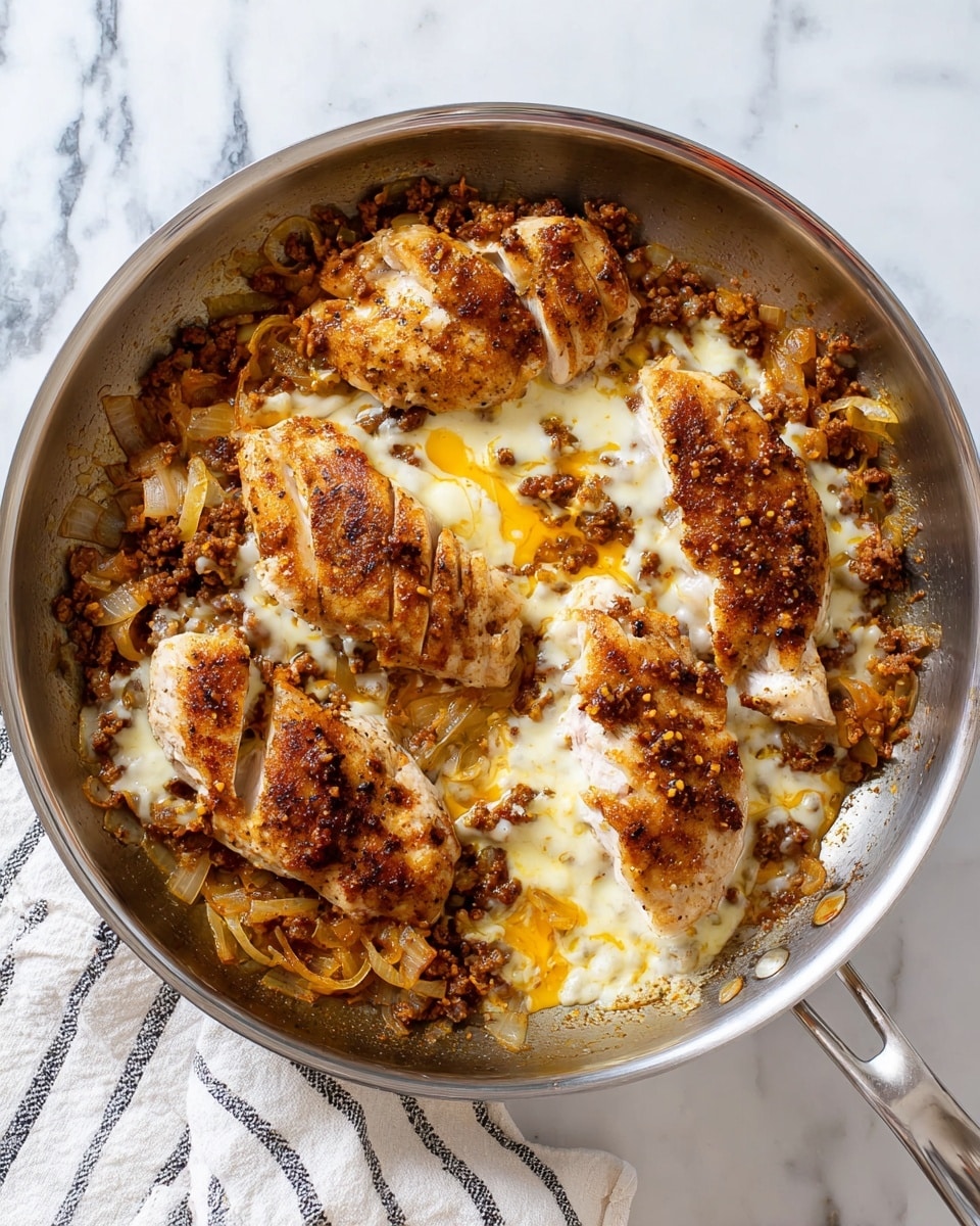 The image shows two thick pieces of cooked chicken stacked on a white plate with a blue floral pattern near the edge. The chicken has a golden brown seared crust with a juicy, white interior and is topped with a layer of melted cheese and small chunks of reddish-brown spicy meat sauce. Some sauce drips down the sides of the chicken pieces, adding a glossy texture. Around the chicken, there are roasted potato wedges in a golden brown color and a side of fresh green lettuce with bright red cherry tomato halves. The plate is set on a white marbled surface that is softly blurred in the background. photo taken with an iphone --ar 4:5 --v 7