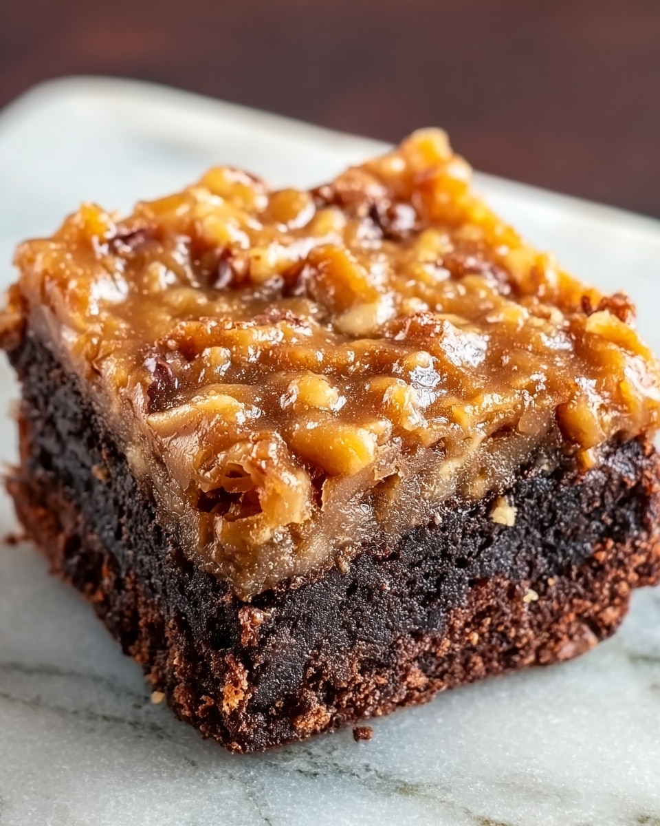 The image shows a rectangular baking pan filled with a thick, glossy layer of caramel sauce mixed with whole pecans spread evenly on top. The caramel has a rich golden-brown color and a shiny, sticky texture that covers the toasted pecans, which are reddish-brown with some lighter spots where they are broken. The pan is set on a dark surface but the background is changed to a white marbled texture. photo taken with an iphone --ar 4:5 --v 7