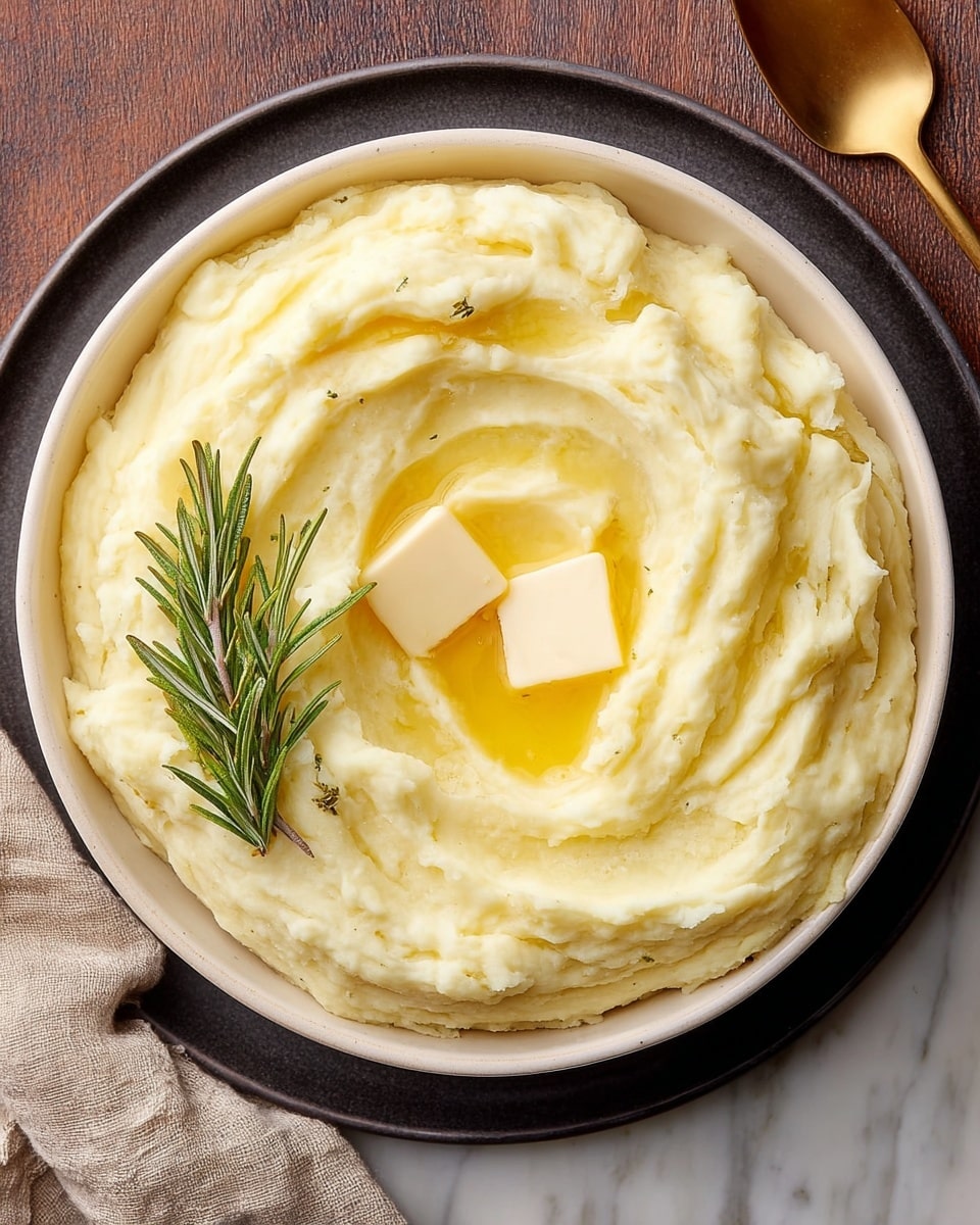 A round white bowl filled with a large mound of smooth, creamy mashed potatoes in pale yellow. The mashed potatoes are swirled with soft peaks and a small pool of melted butter in the center, where two solid pats of butter rest. Lying on top of the mashed potatoes, next to the butter, is a fresh sprig of green rosemary. The bowl sits on a dark plate and a white marbled surface is underneath, with a golden spoon and a beige cloth to the side. Photo taken with an iphone --ar 4:5 --v 7