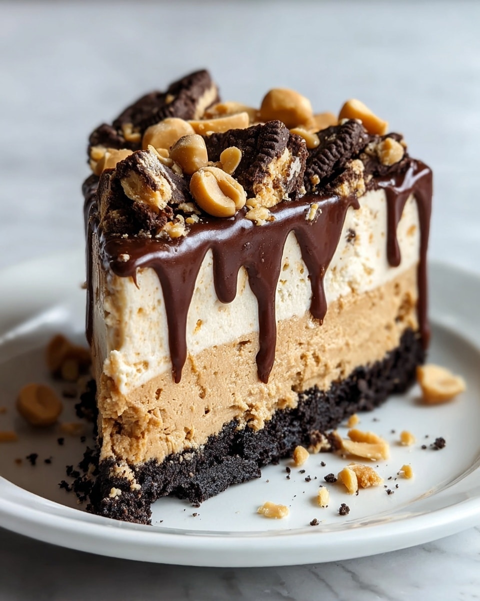 A slice of dessert with four layers sits on a white plate over a white marbled surface. The bottom layer is dark and crumbly like crushed cookies. Above it is a thick, light brown layer with a smooth texture. The third layer is creamy and pale, dotted with small bits. On top is a glossy dark chocolate layer that drips down the sides in thick drops. The top is heavily covered with large chunks of chocolate cookies and scattered peanuts, adding rough texture and a mix of dark brown and light tan colors. Photo taken with an iphone --ar 4:5 --v 7