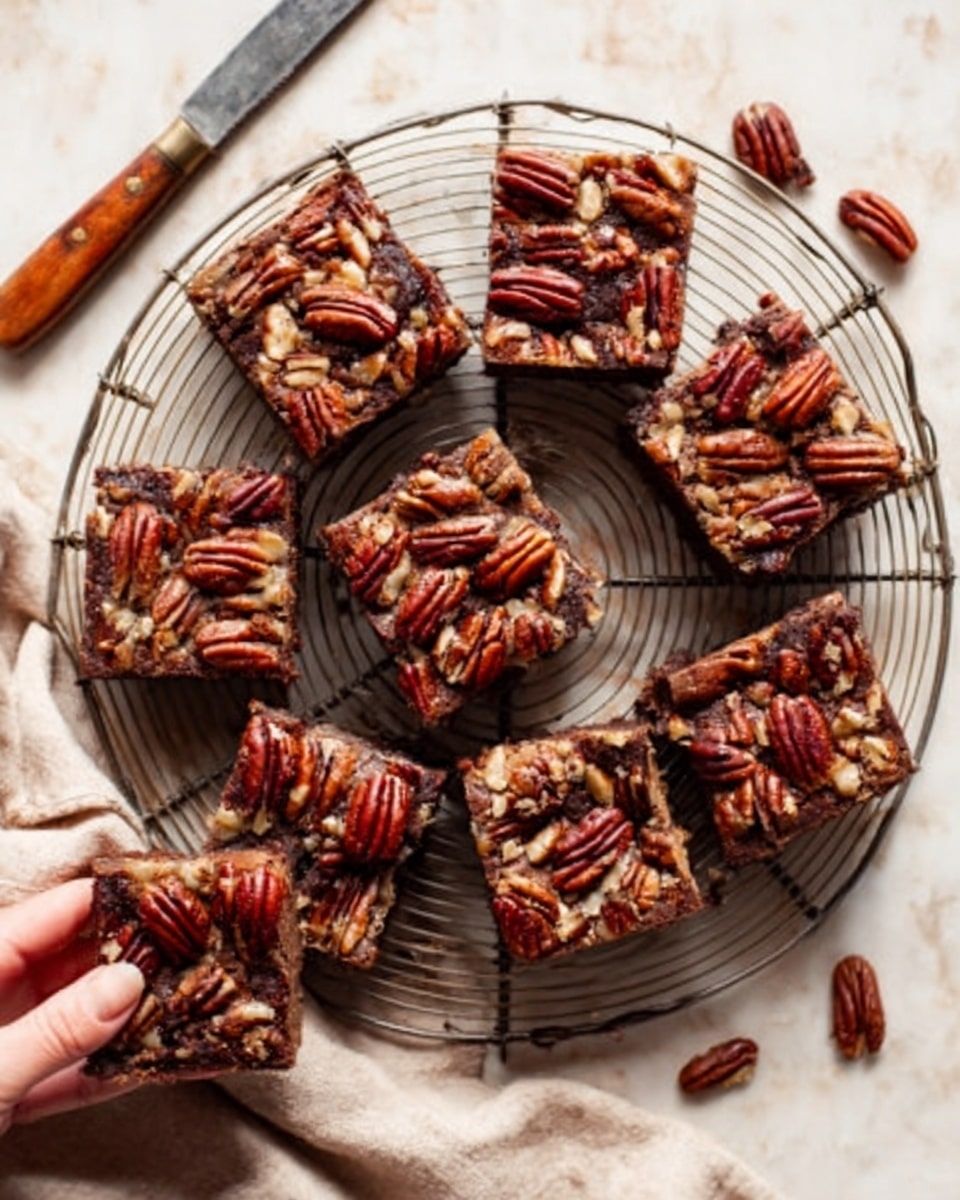 The image shows a round metal cooling rack with several square pieces of pecan brownies stacked on it. Each brownie has a dark, rich chocolate base layer topped with whole pecan halves, giving a textured, nutty top layer in warm brown tones. The cooling rack is placed on a white marbled textured surface with a light beige cloth partially under it. A vintage knife with a wooden handle lies beside the rack. A woman's hand is holding one brownie piece, adding a natural touch. The lighting highlights the glossy, slightly cracked chocolate and the shiny pecans on top. Photo taken with an iphone --ar 4:5 --v 7