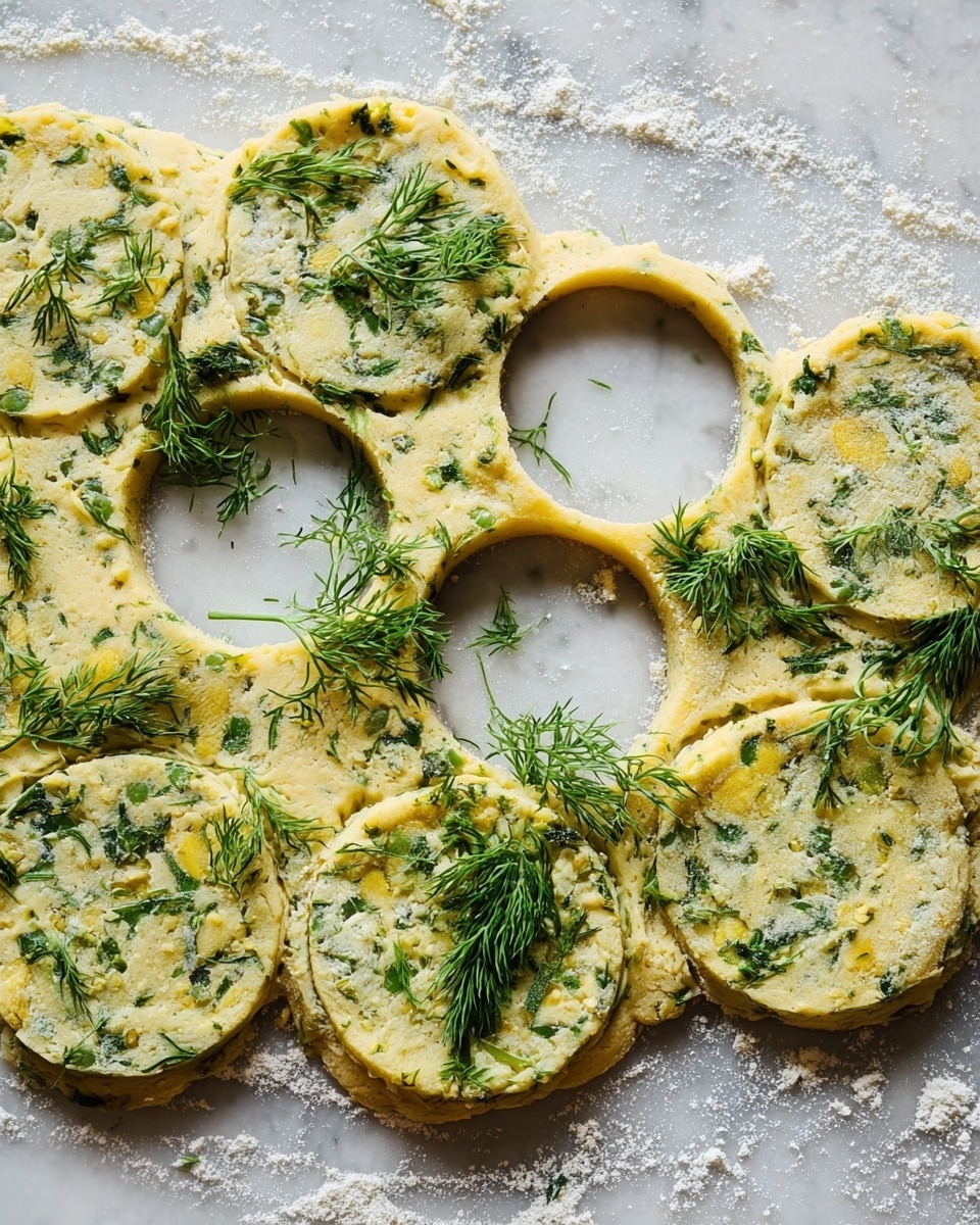 The image shows a rolled-out dough on a white marbled surface, sprinkled lightly with white flour. The dough is speckled with chopped green herbs and some small pieces of capers, giving it a textured, uneven look with green and light yellow colors mixed in. Several circular shapes have been cut out from the dough, showing clean edges and round holes where the dough was removed. Fresh green dill sprigs are scattered on top of the dough circles, adding a natural and fresh touch to the scene. Photo taken with an iphone --ar 4:5 --v 7
