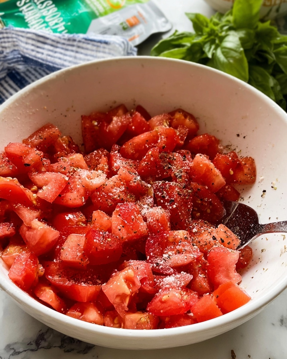 A close-up view of a white bowl filled with a fresh tomato salsa mixture, showing three main layers: the bottom layer is a mix of finely chopped red tomatoes scattered unevenly with hints of tomato seeds, the middle layer has bright green pieces of fresh herbs, probably cilantro or basil, mixed evenly through the tomatoes, and the top layer shows a light coating of reddish-brown spices and juice that make the salsa look moist and slightly shiny. A silver spoon rests in the bowl among the salsa, angled slightly inside the mixture. The bowl sits on a white marbled surface with hints of green leafy lettuce and a green juice box in the background. photo taken with an iphone --ar 4:5 --v 7
