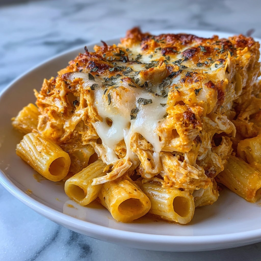 The image shows a close-up of creamy cheesy chicken pasta with two visible layers. The top layer has short tube-shaped pasta pieces in light golden yellow, mixed with shredded chicken in light brown, all coated in a thick, rich, orange-colored cheese sauce with herbs sprinkled throughout. The bottom layer, also filled with the same pasta and chicken mix, includes melted white cheese that adds stretchiness and texture to the dish. The food is presented against a white marbled background. Photo taken with an iphone --ar 4:5 --v 7