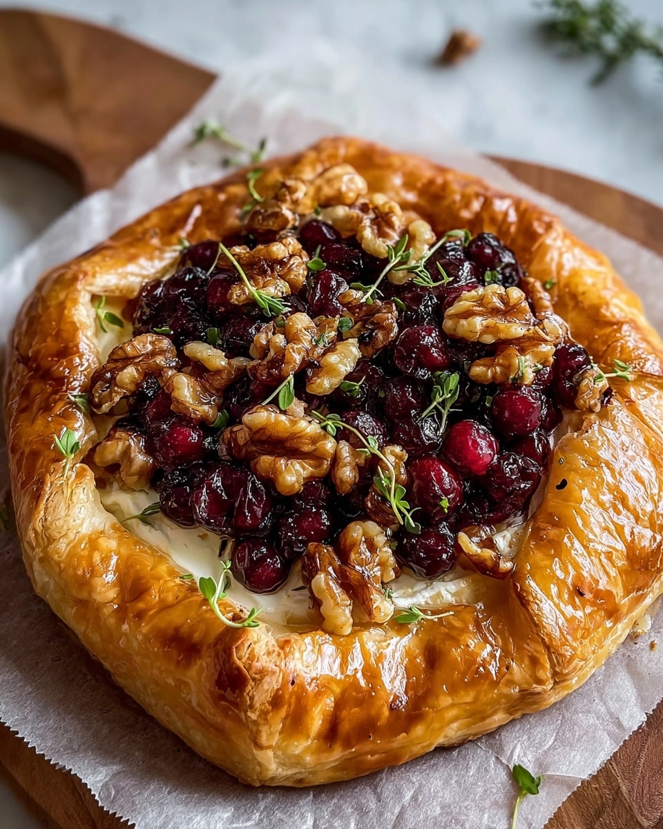 A golden-brown puff pastry tart with glossy, flaky layers forms the base, folded around the edges to create a shallow bowl filled with creamy white cheese. On top, there is a thick layer of dark red, slightly shiny cranberries mixed with large, uneven pieces of light brown walnuts, sprinkled with small green sprigs of fresh thyme. The tart sits on white parchment paper over a white marbled surface, with a few drops of sticky honey glistening around the base. photo taken with an iphone --ar 4:5 --v 7