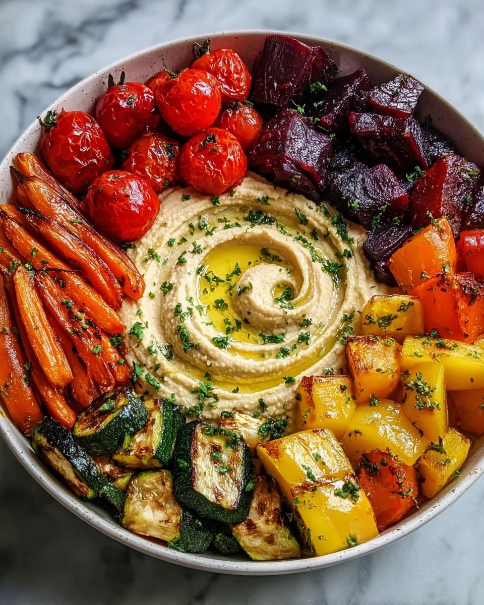 A bowl filled with six sections of colorful roasted vegetables and a swirl of creamy hummus in the center. Starting from the top and moving clockwise, there are bright yellow and orange roasted bell pepper chunks with a slightly charred texture, followed by grilled zucchini cubes showing dark grill marks. Next is a pile of dark green leafy kale finely chopped, then golden roasted potato cubes with browned edges, and juicy, roasted cherry tomatoes with a shiny, wrinkled skin. Finally, deep purple roasted beet cubes with a moist-looking texture complete the circle. The hummus in the middle is smooth and creamy, topped with a drizzle of olive oil, ground pepper, and sprinkled green herbs. All items are arranged inside a white bowl, placed on a white marbled surface. Photo taken with an iphone --ar 4:5 --v 7