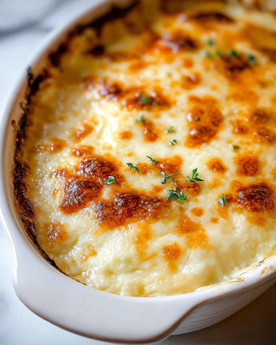 A white oval dish filled with two layers, the top being a golden brown melted cheese crust with bubbly and slightly crispy spots, spotted with tiny green herbs, and the bottom layer creamy and pale yellow, smooth in texture. The edges of the dish show slight browning from baking. The dish sits on a white marbled surface. Photo taken with an iphone --ar 4:5 --v 7