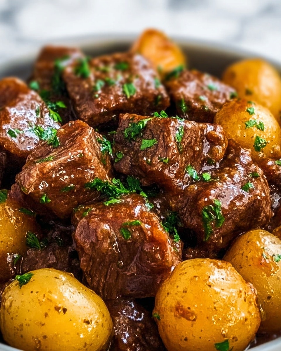A close-up image of a dish in a white bowl filled with several chunks of dark brown beef stewed to tender texture, mixed evenly with small round golden potatoes. The beef and potatoes are covered with a glossy, rich brown sauce, and finely chopped green herbs are sprinkled on top, adding a touch of fresh color to the hearty meal. The bowl rests on a white marbled surface. photo taken with an iphone --ar 4:5 --v 7
