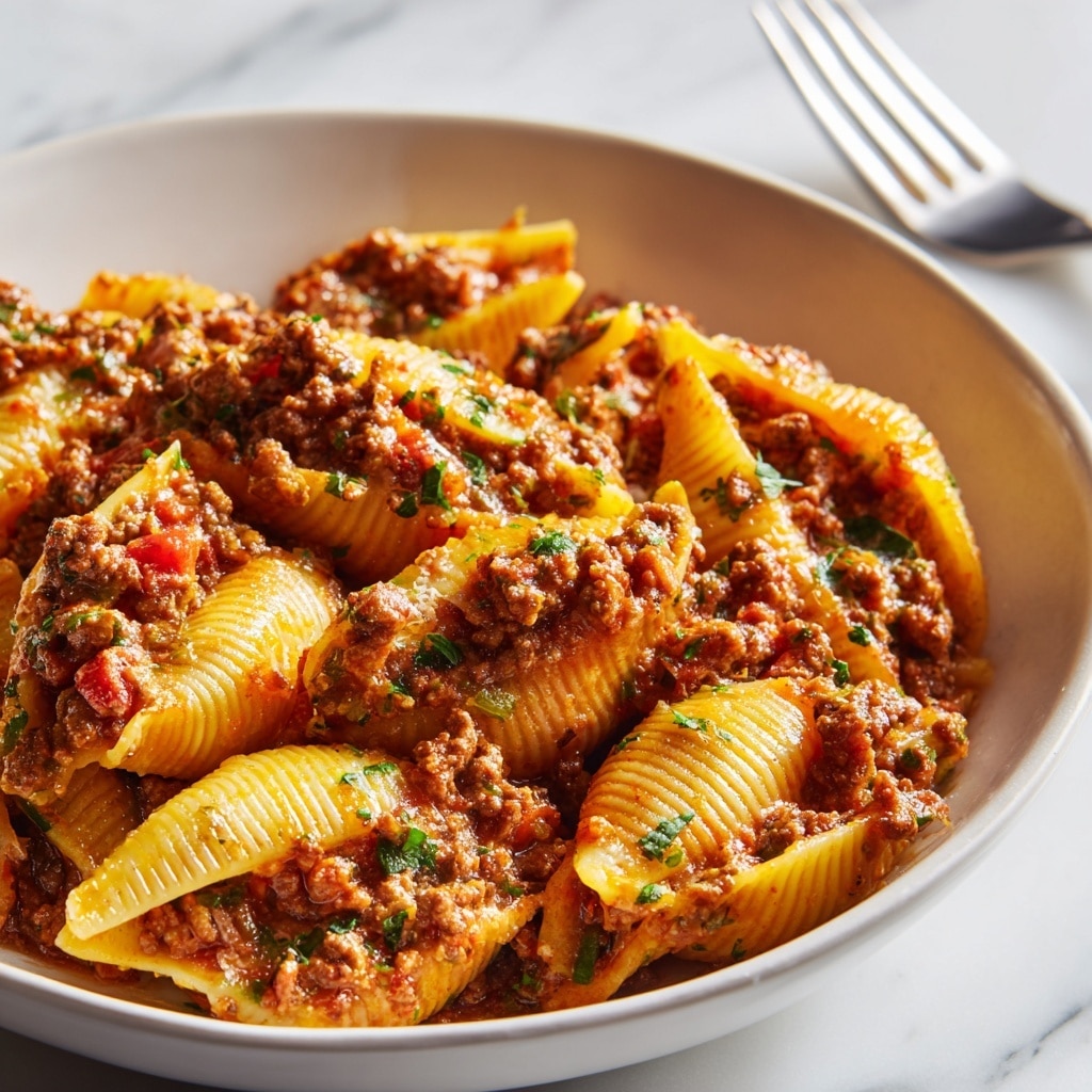 This image shows a white bowl full of stuffed pasta shells covered in a rich, meaty sauce. The shells are golden-yellow and slightly glossy, stuffed with a ground meat mixture that has a brown color with hints of red tomato pieces and small green herbs sprinkled throughout. The pasta and filling are mixed together, creating a textured and chunky appearance with a mix of smooth pasta surfaces and browned, soft meat filling. The dish sits on a white marbled surface with a fork blurred in the background. photo taken with an iphone --ar 4:5 --v 7