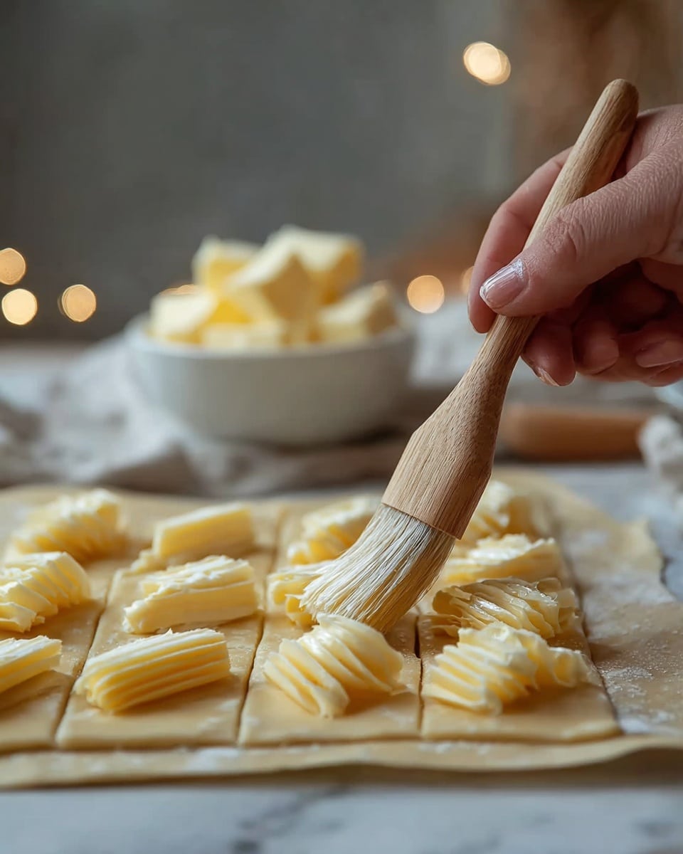 A close-up image shows a woman's hand holding a wooden brush with light bristles, gently spreading a shiny, creamy yellow layer over a flat dough sheet. The dough is light beige and cut into small square sections, each topped with several thin slices of pale yellow butter arranged neatly in small stacks. In the blurred background, there is a white bowl holding more butter. The scene is set on a white marbled surface with soft lighting creating a warm, cozy atmosphere. Photo taken with an iphone --ar 4:5 --v 7
