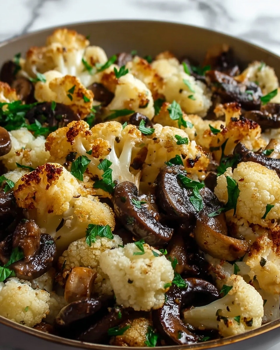 The image shows a close-up of a dish with two main layers: at the bottom, there are dark brown, sliced mushrooms that have a glossy, slightly oily texture, and on top, there are lightly browned cauliflower florets with a slightly crispy look. Both the mushrooms and cauliflower are sprinkled with small pieces of fresh, green parsley that add a splash of color. The ingredients fill a pan, and the light shines on the cauliflower, highlighting its soft white and golden-brown surface. The background is a white marbled texture. photo taken with an iphone --ar 4:5 --v 7
