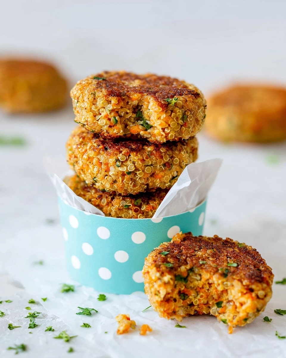 The image shows a small stack of three golden quinoa patties placed inside a white polka-dotted light blue paper cup, with one patty resting against the cup on white baking paper. The patties have a crispy texture with visible grains of quinoa and bits of green herbs mixed in. The top patty has a bite taken out, revealing a warm orange and beige interior with specks of green. The background and surface are white with a marbled texture, scattered lightly with small pieces of green herbs. In the blurred background, there are more patties placed directly on the marbled surface. photo taken with an iphone --ar 4:5 --v 7