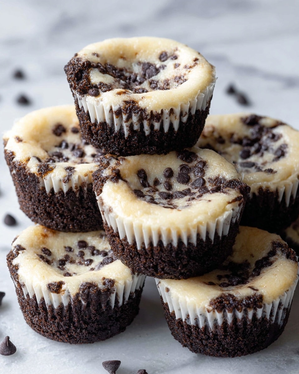 The image shows a close-up of several chocolate chip cheesecake cupcakes stacked on a white marbled surface. Each cupcake has two clear layers: the bottom layer is a deep dark brown chocolate cupcake base with a moist, slightly crumbly texture, while the top layer is a creamy, pale yellow cheesecake with visible small chocolate chips embedded throughout. The cheesecake layer is smooth and slightly sunken in the center, creating a shallow bowl shape. The cupcakes are wrapped in dark brown liners that contrast with the light cheesecake topping. Some scattered chocolate chips are visible in the background. Photo taken with an iphone --ar 4:5 --v 7