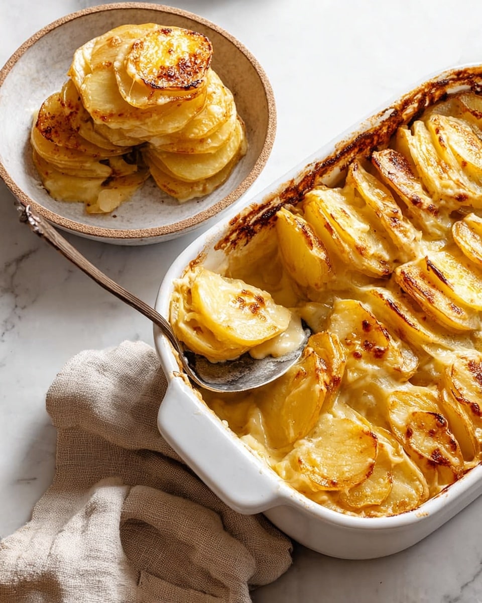 The image shows a white baking dish filled with rows of thinly sliced potato layers standing vertically. Each potato slice is golden yellow with browned, slightly crispy edges, showing a shiny, roasted texture from oil or butter. The potato layers are evenly spaced and tightly packed, with a few darker caramelized spots on top. The baking dish rests on a white marbled surface, with a beige cloth nearby and some stacked white plates in the background. The photo taken with an iphone --ar 4:5 --v 7