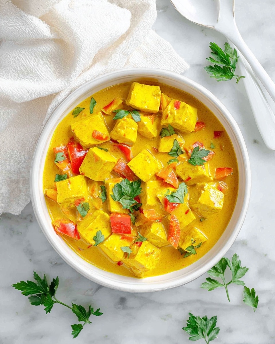 A white shallow bowl filled with a yellow curry soup, showing several cubes of tofu scattered near the center and edges, mixed with chunks of white cauliflower, bright orange carrots, and red bell peppers. The soup has a smooth and rich texture with bits of chopped onions and lentils floating, garnished with small pieces of green herbs sprinkled on top. The bowl sits on a white marbled surface with a silver spoon resting beside it on a light beige cloth. Photo taken with an iphone --ar 4:5 --v 7