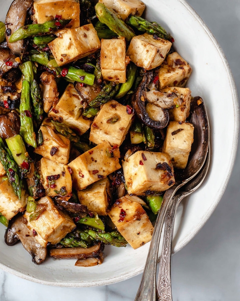 The image shows a close-up of a white bowl filled with cooked tofu cubes that are golden brown with a slightly crispy texture. Mixed throughout are green asparagus pieces, some cut and some whole, adding a fresh contrast in color. Thin, cooked mushroom slices with a dark, slightly wrinkled texture are scattered evenly among the tofu and asparagus. There are small bits of browned onions or garlic and tiny red chili flakes visible, adding texture and seasoning details. Two vintage silver spoons rest inside the bowl on one side. The bowl is placed on a white marbled surface. Photo taken with an iphone --ar 4:5 --v 7