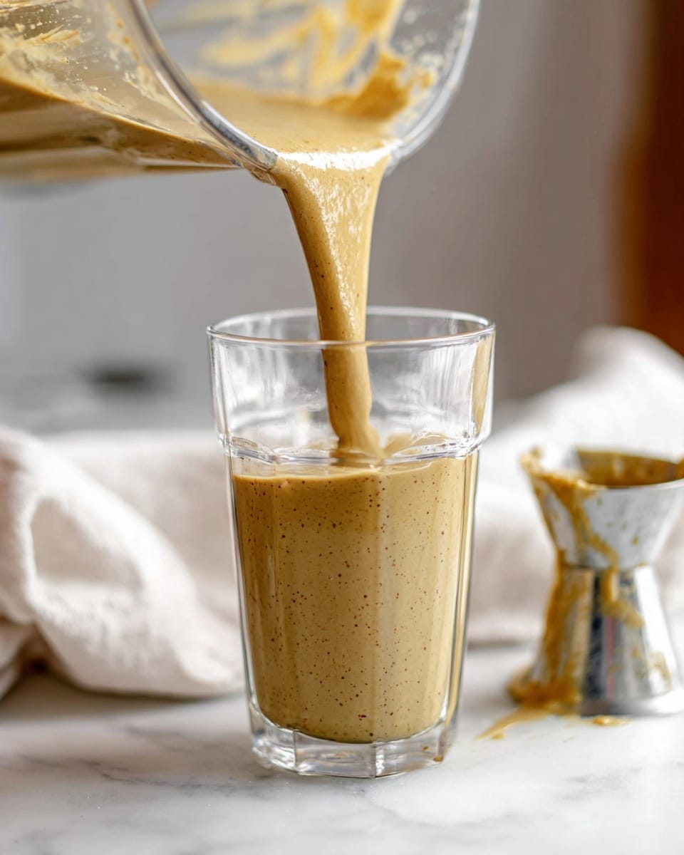 A tall clear glass filled with a thick, creamy light brown smoothie that has small bubbles on the surface and scattered throughout, with a shiny silver spoon sticking out from the top; the glass is placed on a white marbled surface next to a white cloth and a small metal container with some smoothie residue, with a blurred blender and glass jar in the soft gray background. Photo taken with an iphone --ar 4:5 --v 7