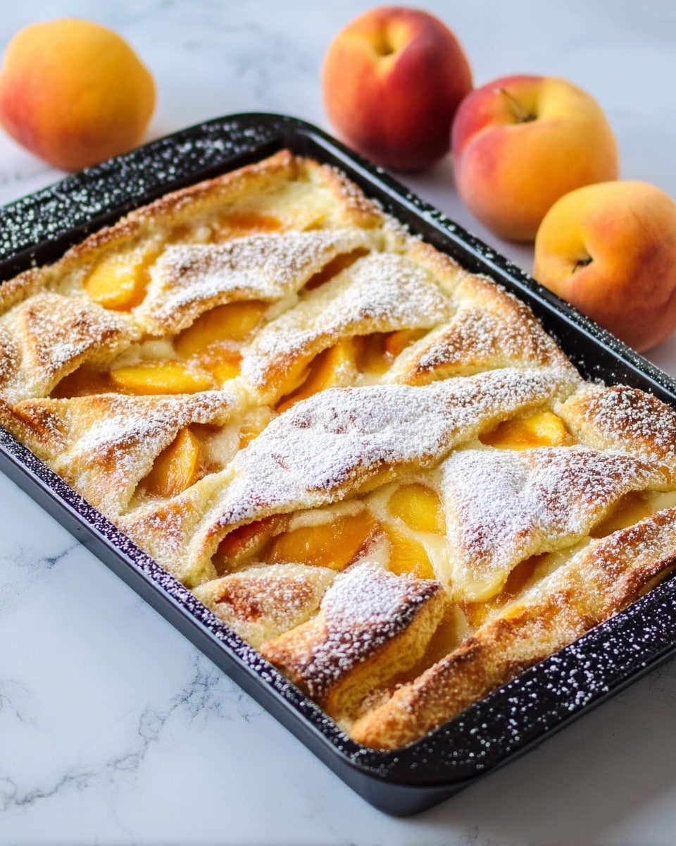 The image shows a rectangular black baking tray filled with a peach dessert. The dessert has one visible layer of golden brown baked dough on top, which is folded over in places to reveal a smooth peach filling that is bright orange and slightly shiny. The surface of the baked dough is lightly dusted with white powdered sugar giving it a soft texture. The tray rests on a white marbled surface, and there are whole peaches placed around the tray. The photo taken with an iphone --ar 4:5 --v 7