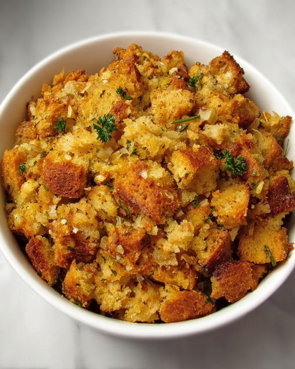 The image shows a white bowl filled with a rough textured dish made of small chunks of bread mixed with herbs and spices. The bread pieces are golden brown, crispy on top with some soft, light beige sections underneath. The herbs, likely parsley, add small splashes of green throughout the mix. The bowl sits on a white marbled surface, making the warm colors of the stuffing stand out clearly. The dish looks moist but firm, with the bread bits sticking together in a loose mound. photo taken with an iphone --ar 4:5 --v 7