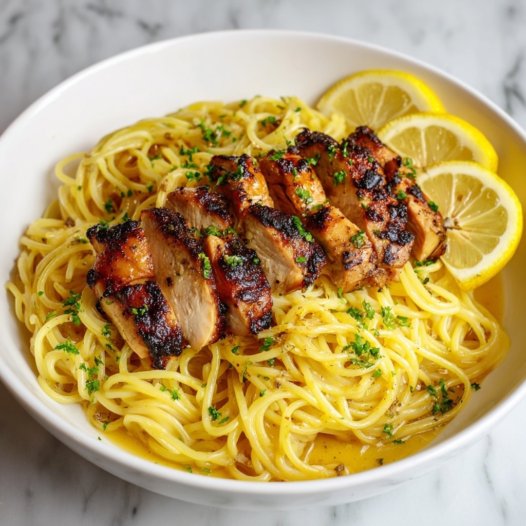 A white bowl filled with a base layer of creamy spaghetti noodles coated in a light orange sauce, topped with several pieces of grilled chicken that are golden brown with char marks. The chicken pieces are scattered evenly over the pasta and sprinkled with fresh green herbs. Two lemon slices are placed near the edge of the bowl in the background. The dish sits on a white marbled texture surface. photo taken with an iphone --ar 4:5 --v 7
