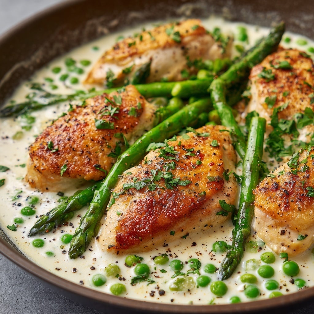 A close-up photo of a baked dish in a brown pan showing a creamy white sauce layer at the bottom, with three golden-brown, crispy-topped chicken breasts placed unevenly on top. Bright green asparagus stalks are arranged diagonally across the chicken and sauce, with small green peas scattered around. The dish is sprinkled with fresh chopped green herbs and black pepper, creating a contrast against the creamy sauce. The texture is rich and creamy with slight bubbling sauce edges around the chicken. photo taken with an iphone --ar 4:5 --v 7