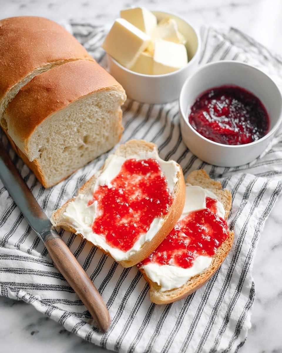 A white marbled surface holds a striped cloth on which there is a loaf of bread with four pieces visible; the front slice shows a spread of white creamy butter topped with bright red strawberry jam, spread unevenly with a silver knife that has a wooden handle resting on it. Behind the bread, there are two small white bowls: one holds smooth white butter cut into small blocks, and the other contains deep red jam with a glossy texture. Photo taken with an iphone --ar 4:5 --v 7