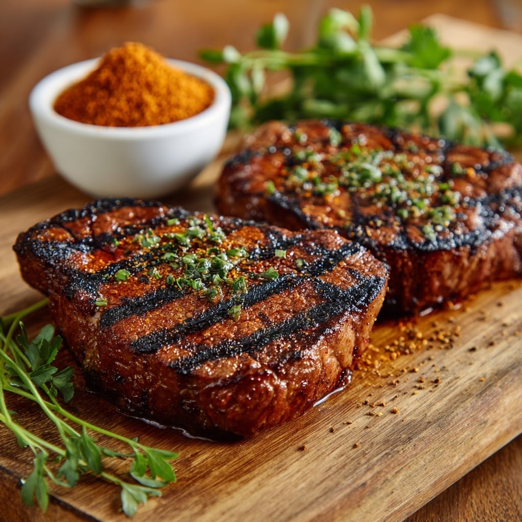 A round white plate is filled with eight different spices arranged in separate piles, each showing a distinct color and texture. Starting at the top and moving clockwise, there is a pile of white salt with a fine grain, a bright red powder of paprika, a textured mix of black pepper, a bright yellow turmeric powder, a light beige powder that looks like garlic or onion powder, a darker brownish spice, a red-brown chili powder, and a pale off-white garlic powder. In the background, there is a white tray with two raw steak cuts showing marbled red and white fat. The whole setup is on a white marbled surface. photo taken with an iphone --ar 4:5 --v 7