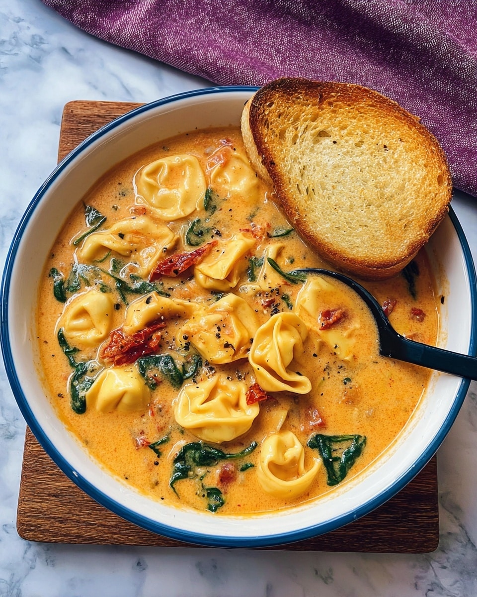 A white bowl with a blue rim is filled with creamy, orange-colored soup containing tortellini pasta, pieces of spinach, and sun-dried tomatoes. The soup has a thick texture and covers the pasta and vegetables evenly. On the right side of the bowl, a black spoon is scooping some of the soup. Resting on the edge of the bowl is a single piece of toasted bread, golden brown on top with a crunchy texture. The bowl is placed on a round wooden board, and the background shows a white marbled surface with a dark purple cloth partially visible in the upper part. photo taken with an iphone --ar 4:5 --v 7