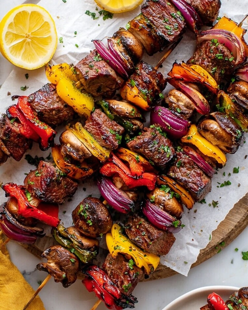 Grilled kebabs are arranged on a white parchment paper over a white marbled surface, each skewer featuring several layers: dark brown, charred beef chunks alternating with bright yellow, orange, and red bell peppers, purple-red onion slices, and light brown mushrooms. The kebabs have a slightly glossy texture, sprinkled with chopped green herbs. To the left are three lemon wedges with their bright yellow rind and juicy interior visible. Nearby is a small brown bowl filled with chopped green herbs, and part of a white bowl holding a liquid sauce is seen in the top right. A piece of fringed pink cloth is on the upper left corner. Photo taken with an iphone --ar 4:5 --v 7