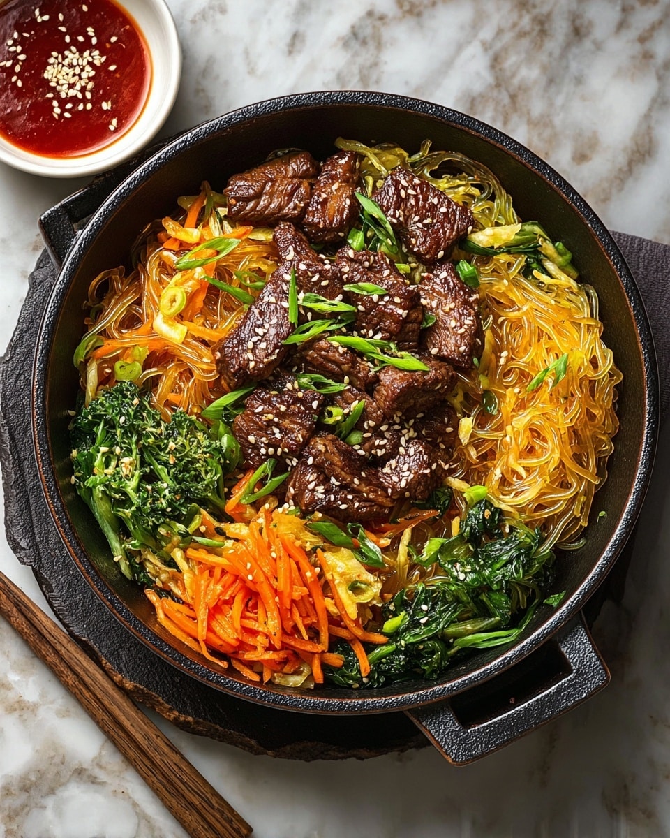 A dark bowl filled with a bed of thin, light golden noodles forms the base layer. On top, there are cooked bright green peas, dark green leafy vegetables, and thin orange carrot strips scattered evenly. Pieces of brown cooked meat are placed on top, sprinkled with small white sesame seeds. A pair of dark brown chopsticks rests diagonally on the bowl's edge. Around the bowl are small rustic brown bowls containing white sesame seeds, green leafy herbs, and crushed red chili flakes, all placed on a white marbled surface. Photo taken with an iphone --ar 4:5 --v 7