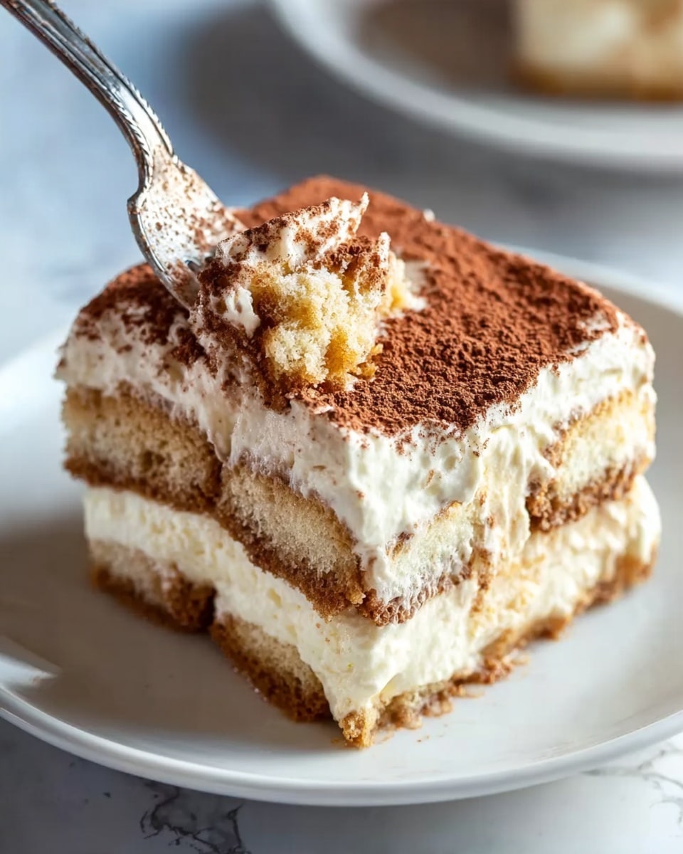 A square piece of tiramisu on a white plate, showing three clear layers: the bottom and middle layers are soft, soaked ladyfinger biscuits in a light brown color, while the top and between biscuit layers are thick, creamy white mascarpone cheese. The top layer is dusted evenly with fine cocoa powder giving it a dry, powdery dark brown look. A silver fork is lifting a piece from the front, showing the creamy texture inside. The background has a white marbled texture, with soft natural light making the dessert look fresh and inviting photo taken with an iphone --ar 4:5 --v 7