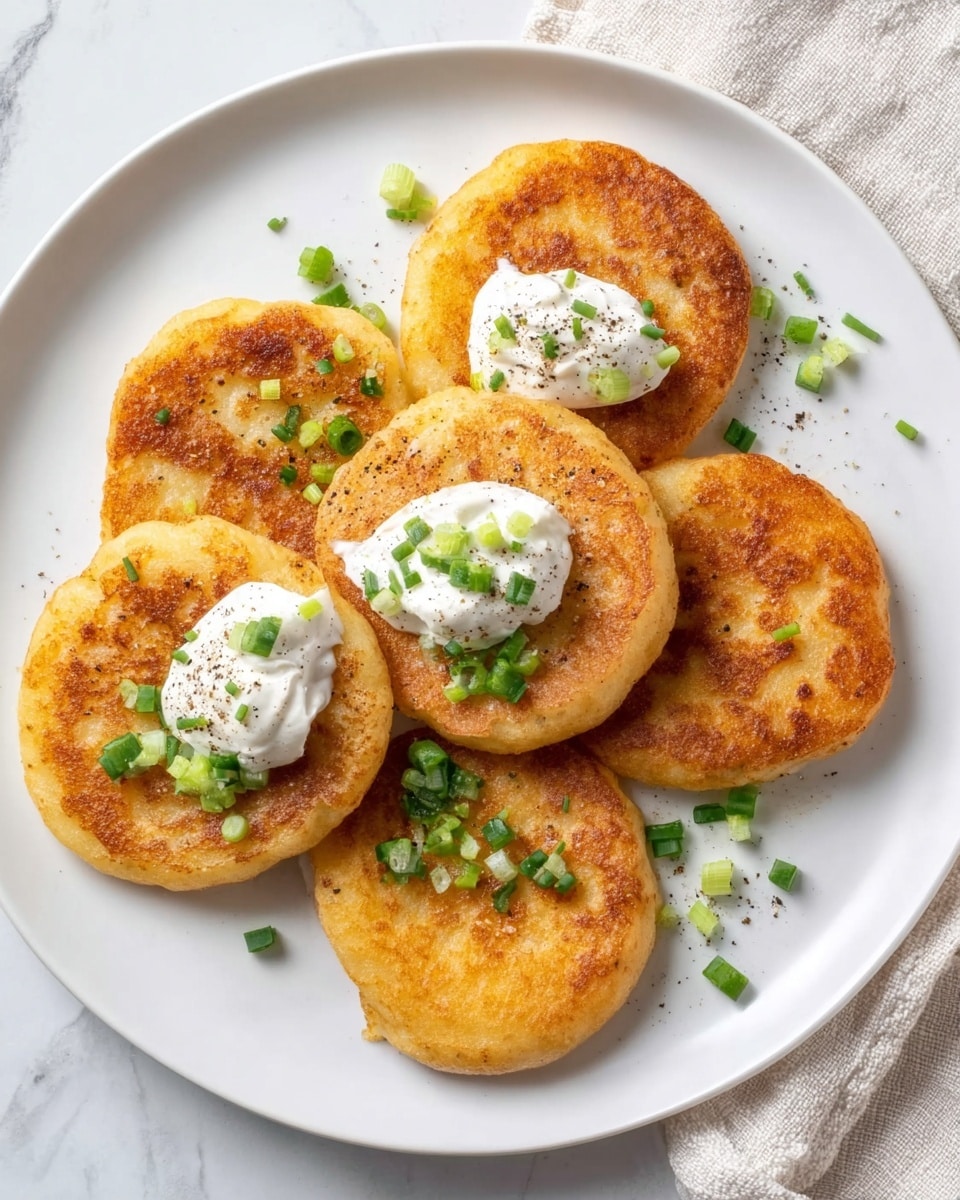 On a white plate, there are six golden-brown fried cakes arranged in a loose circular pattern. Each cake has a slightly uneven round shape with a crispy texture on the outside. Two of the cakes are topped with dollops of white cream, sprinkled with small chopped green onions and a light dusting of black pepper. Additional small pieces of green onion are scattered across the plate. The plate rests on a white marbled surface with a light beige cloth partially visible on the right side. Photo taken with an iphone --ar 4:5 --v 7