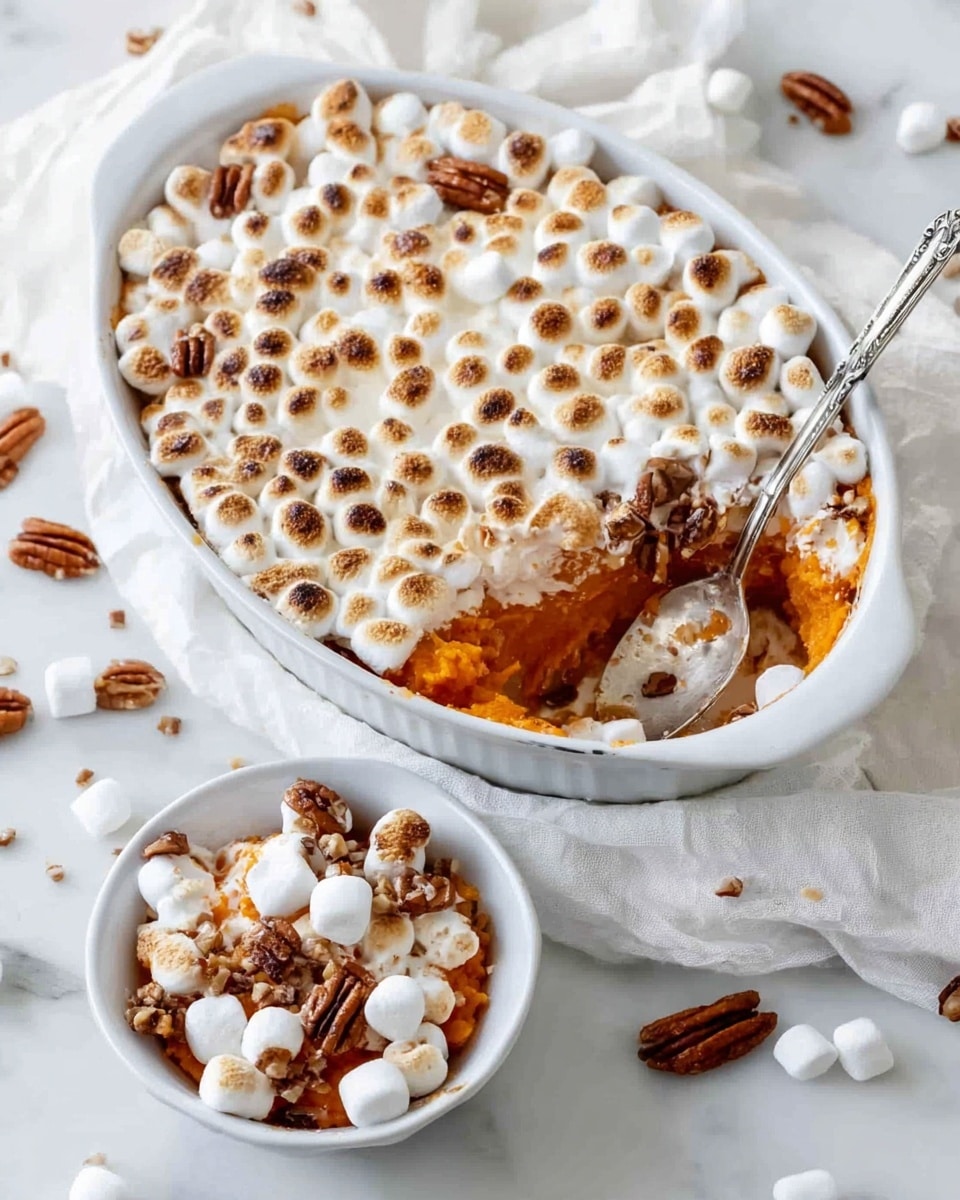 A white oval dish filled with a layered sweet potato casserole, topped with a thick layer of toasted mini marshmallows that are golden brown on the surface with some darker spots, and scattered pecan halves adding texture and color contrast. The casserole inside shows an orange, smooth mashed sweet potato layer beneath the marshmallows. A spoon is digging into the dish, lifting a scoop that reveals the creamy orange layer under the marshmallows and pecans. Next to it, there is a small white bowl holding a serving of the casserole, also topped with toasted marshmallows and pecans, with a vintage silver spoon resting inside. The scene is set on a white marbled surface with a soft white cloth draped nearby, and some loose mini marshmallows and pecans are scattered around the dishes. Photo taken with an iphone --ar 4:5 --v 7