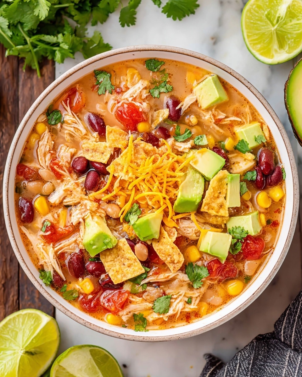 The image shows a close-up view of a thick soup with visible layers of shredded white chicken pieces, bright yellow corn kernels, dark red kidney beans, red tomato chunks, and small green herb bits, all mixed in a slightly orange, broth-like liquid. A wooden spatula is partially submerged on the right side, stirring the soup, with the texture of the wood clearly visible. The background surface is a white marbled texture. photo taken with an iphone --ar 4:5 --v 7