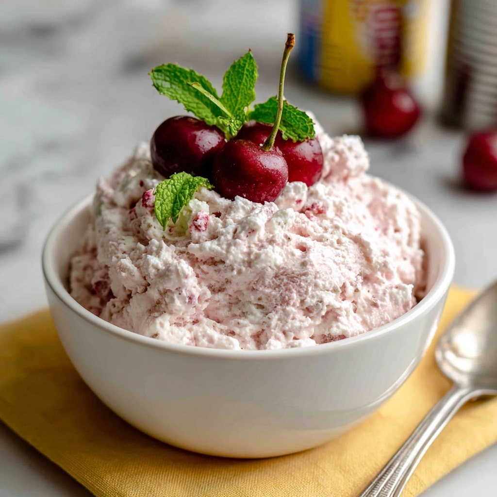 A white bowl filled with a thick, creamy mixture that has a light pink color with small chunks of white and tiny darker specks throughout, giving it a textured look. On top of the creamy mixture, there are three bright red cherries and two fresh green mint leaves for decoration. Around the bowl on the white marbled surface, a few loose red cherries and green leaves are scattered. Photo taken with an iphone --ar 4:5 --v 7