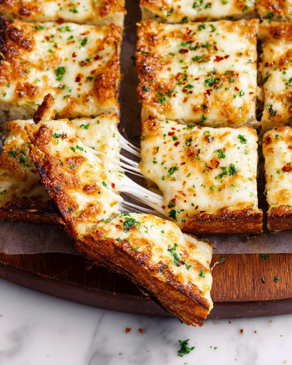 A close-up view of nine thick slices of cheesy bread with a golden brown, bubbly melted cheese layer scattered with green parsley flakes and red chili flakes on top. The bread base is crusty with hints of toasted edges, and the middle layer shows a soft, textured dough. One slice is being pulled away, stretching long stringy melted cheese between the piece and the rest of the bread. All slices rest on a wooden board placed over a white marbled surface. photo taken with an iphone --ar 4:5 --v 7