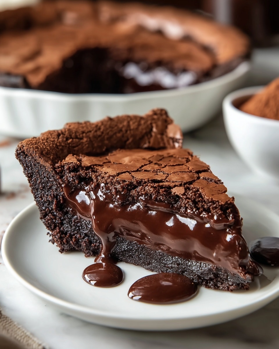 A close-up of a slice of chocolate pie on a white plate set on a white marbled texture. The pie has three visible layers: a dark brown crumbly crust at the bottom, a thick, rich, glossy dark chocolate filling in the middle, and a cracked, slightly lighter brown chocolate topping on top. Chocolate sauce drips down the sides and pools on the plate. In the background, a full pie with similar layers and a small bowl with cocoa powder and a spoon can be seen blurred out. Photo taken with an iphone --ar 4:5 --v 7