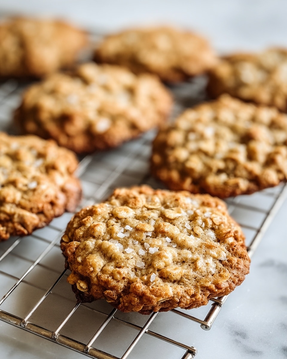 The image shows a group of oatmeal cookies resting on a metal cooling rack placed over a white marbled surface. The cookies have a rough, coarse texture with visible oat flakes baked into the top layer, which is a golden brown color with slight variations from light to darker tones around the edges. The cookies are round and slightly thick, with a chewy, home-baked appearance. The focus is sharpest on the single cookie in the front center, capturing detailed oats and small sugary crystals on its surface, while the cookies in the background are softly blurred. photo taken with an iphone --ar 4:5 --v 7