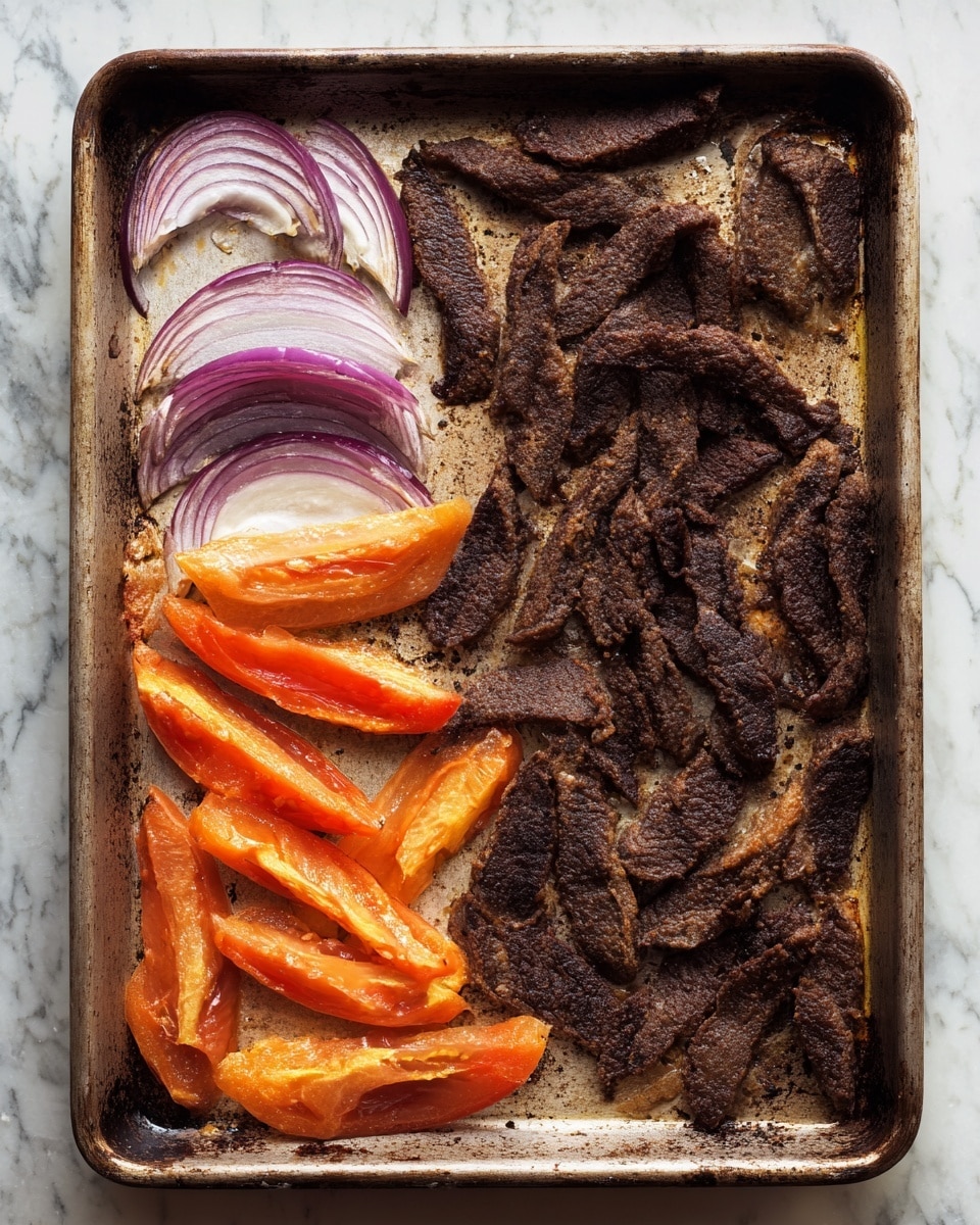 The image shows a metal baking tray filled mostly with thin, rough-textured pieces of dark brown cooked meat layered unevenly across the right two-thirds of the tray. On the left side, there are two types of sliced vegetables arranged neatly in rows: deep purple-red onion wedges at the top and bright orange tomato wedges below them. The baking tray itself is stained, showing signs of use with baked-on marks around the edges. The whole setup rests on a white marbled surface. photo taken with an iphone --ar 4:5 --v 7