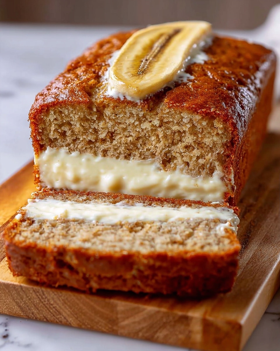 A loaf of banana bread with a light brown crust and a single sliced banana piece baked on top, showing a thick creamy white layer of frosting running through the middle of the bread's crumbly and moist light brown interior. The bread is sliced to reveal the creamy center and soft texture, resting on a wooden cutting board with a white marbled surface in the background. photo taken with an iphone --ar 4:5 --v 7