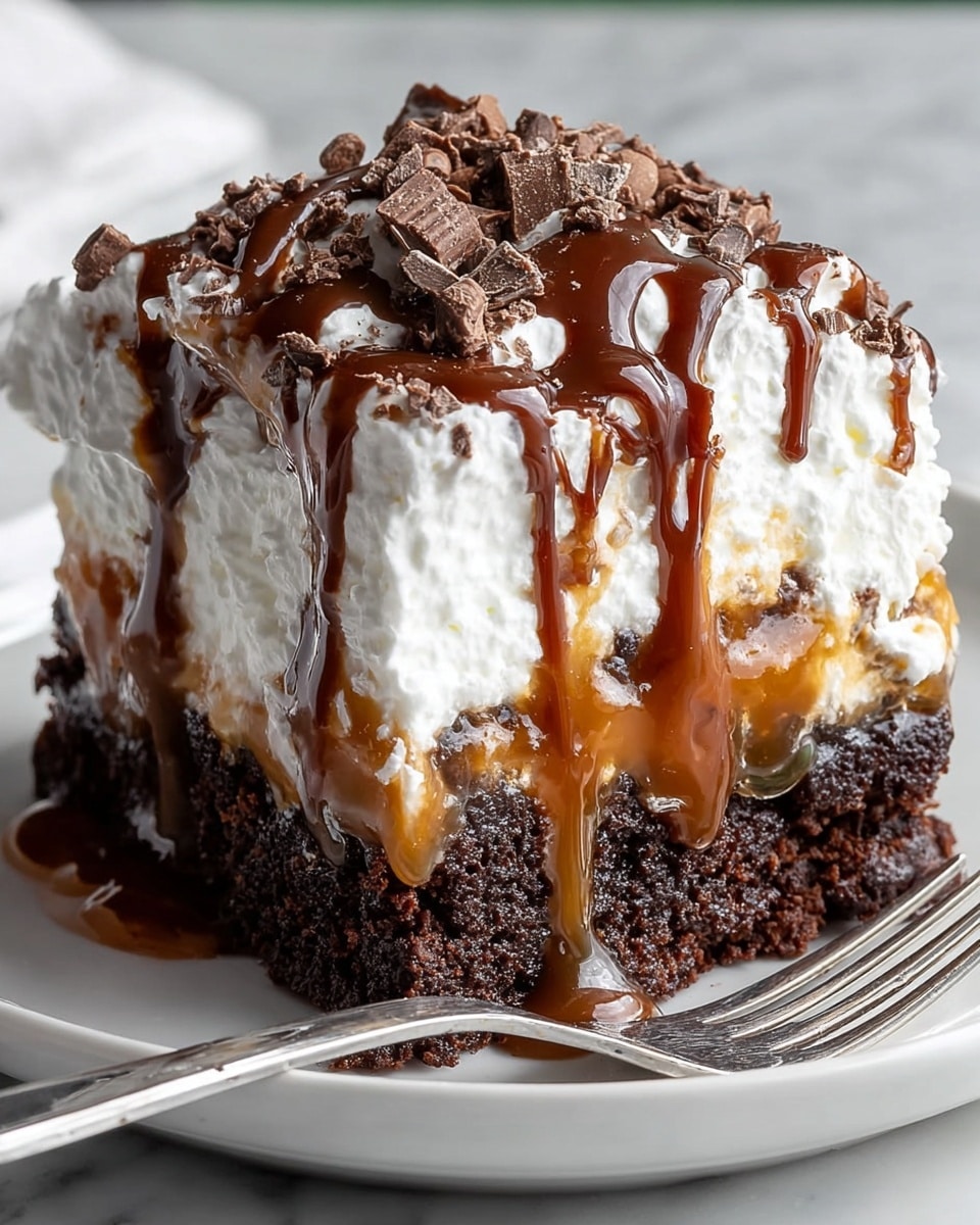 A close-up of a rich three-layer chocolate dessert on a white plate with a silver fork beside it; the bottom layer is a dark, moist chocolate cake with a dense texture, the middle layer is thick, glossy, dark chocolate sauce oozing out slightly, and the top layer is fluffy white whipped cream swirled with dark chocolate sauce in a marbled pattern; small dark chocolate chips are scattered on top, adding texture. The whole dish sits on a white marbled surface. photo taken with an iphone --ar 4:5 --v 7
