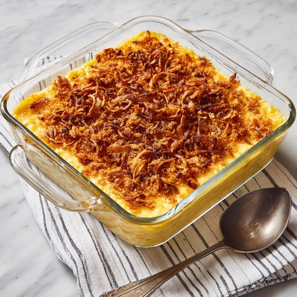 A clear glass square baking dish sits on a white marbled surface, filled with a layered casserole. The top layer shows a crispy, golden brown texture of fried onions, unevenly spread and slightly darker in some spots. Beneath this crunchy topping, a creamy yellow layer is visible around the edges, suggesting a cheesy or creamy interior. Next to the dish, a large silver serving spoon rests on a white striped cloth on the white marbled surface. photo taken with an iphone --ar 4:5 --v 7