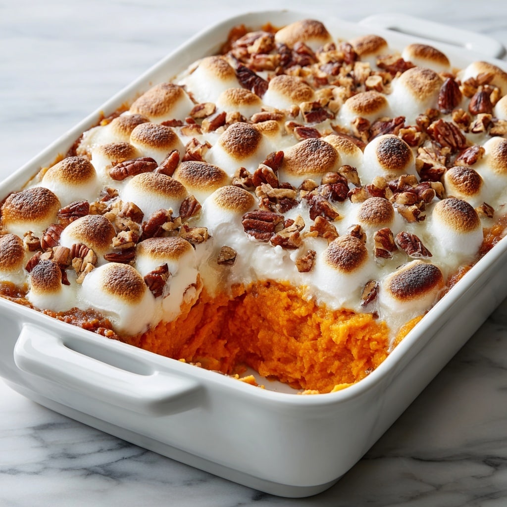 A white rectangular baking dish filled with a sweet potato casserole. The bottom layer is orange mashed sweet potatoes, topped with a crumbly golden brown layer mixed with pieces of pecans. Scattered evenly over the top are small white mini marshmallows. Three whole sweet potatoes and one sliced open sweet potato with bright orange flesh sit behind the dish on a white marbled surface. To the right, a small white bowl holds some pecans with a few loose pecans placed around it. photo taken with an iphone --ar 4:5 --v 7