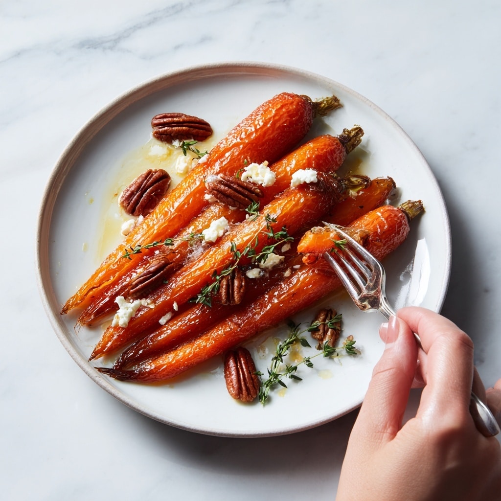 A white plate filled with one layer of small roasted carrots arranged side by side, their skin showing a deep orange and caramelized brown color with a slightly glossy texture. The carrots are topped with small green herb leaves, crushed nuts, and a light sprinkling of coarse white salt. A sprig of fresh green thyme lays across the carrots, adding a touch of vertical texture. Some chopped nuts and herb pieces sit around the edges on the plate, which rests on a white marbled surface. Photo taken with an iphone --ar 4:5 --v 7