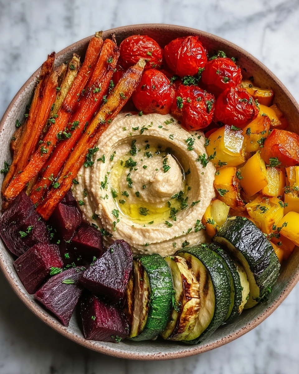 A beige bowl holds a colorful dish arranged in sections with six different layers. At the center is a smooth, creamy layer of pale beige hummus with a small well filled with olive oil, sprinkled with chopped green herbs. Surrounding the hummus, clockwise starting from the top, are shiny, roasted red cherry tomatoes, bright orange roasted carrots, dark purple roasted beet cubes, golden-yellow roasted bell peppers with a caramelized texture, and green grilled zucchini slices with grill marks. Each vegetable section is garnished with small bits of chopped green herbs. The bowl rests on a white marbled surface. Photo taken with an iphone --ar 4:5 --v 7