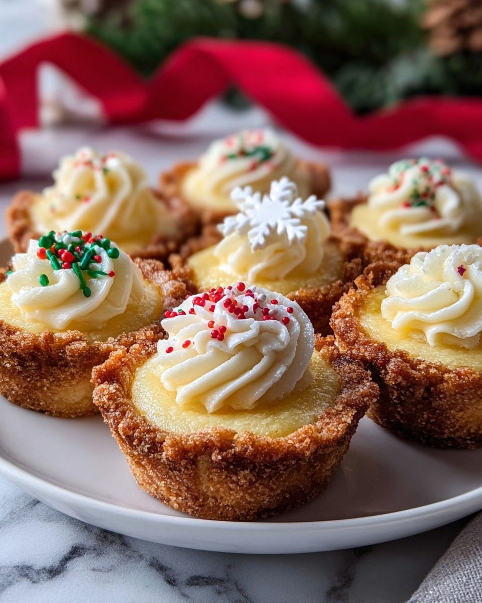 The image shows six small tarts arranged on a white plate with a white marbled background. Each tart has a golden-brown, crumbly crust that looks textured and thick. On top of the crust is a smooth light yellow filling, and each tart is topped with a swirl of creamy white frosting. The frosting is decorated with small red, green, and white sprinkles, and one tart has a white snowflake-shaped decoration on the frosting. The background has blurred green foliage and a large red bow, giving a festive feel. photo taken with an iphone --ar 4:5 --v 7