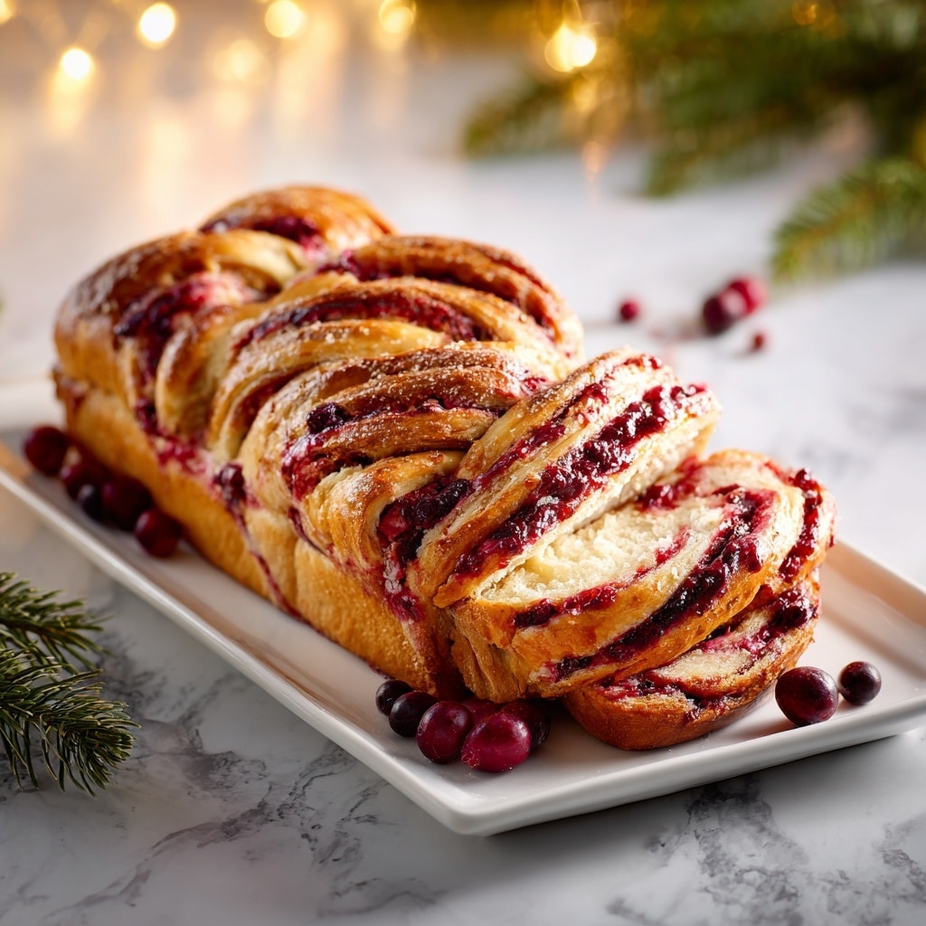 A loaf of braided bread with rich, swirled layers of golden-brown dough and deep red berry filling is placed on a white rectangular plate. The bread shows multiple visible layers, alternating between soft, smooth dough and thick, glossy fruit filling, giving a textured, twisted look. Around the plate, scattered dark red berries add a festive touch, and the scene is set on a white marbled surface with some green pine branches blurred in the foreground. The image glows softly with warm light in the background, creating a cozy feeling. photo taken with an iphone --ar 4:5 --v 7