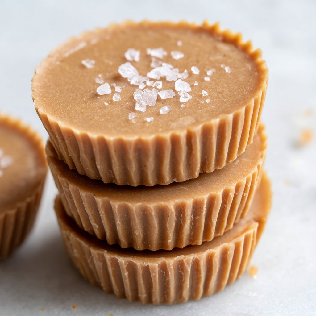 A close-up view of a stack of five creamy light brown peanut butter cups, each with ruffled edges and smooth tops sprinkled with coarse salt crystals. The cups are neatly stacked one on top of the other, showing the textured sides and a firm, slightly matte surface. The background is a blurred white marbled texture, highlighting the golden peanut butter cups in the center. Photo taken with an iphone --ar 4:5 --v 7
