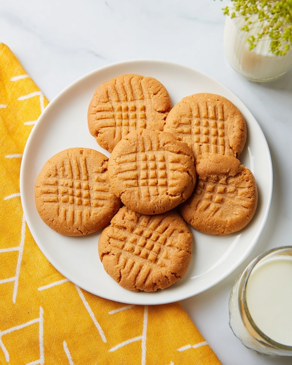 A white plate with six golden-brown peanut butter cookies arranged in a circular pattern, each cookie featuring a crisscross fork mark pattern on top, showing a crisp texture with slight cracks around the edges. The plate sits on a white marbled surface, with a bright yellow cloth with white geometric lines placed to the bottom left, and a glass filled with white milk positioned to the bottom right. Photo taken with an iphone --ar 4:5 --v 7