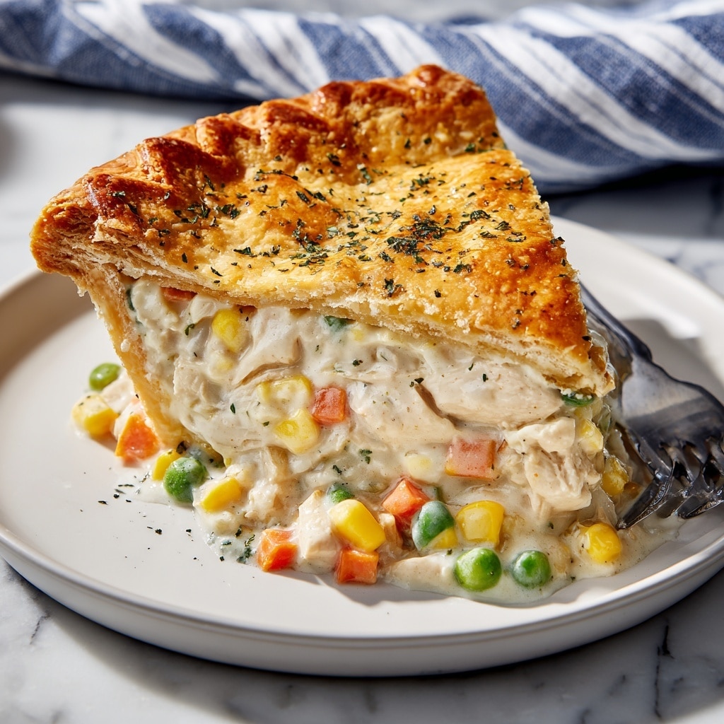 A thick slice of creamy chicken pot pie is shown on a white plate resting on a white marbled surface with a blue-striped cloth nearby. The pot pie has three visible layers: a golden-brown cheese-topped crust sprinkled with green herbs on the top; a thick, creamy layer filled with chunks of white chicken, yellow corn, and green peas in the middle; and a base layer overflowing with mixed vegetables including orange carrots, green peas, and corn. A silver fork lies next to the slice on the plate. The dish looks rich and comforting, with the creamy filling slightly oozing out from the middle layer. Photo taken with an iphone --ar 4:5 --v 7